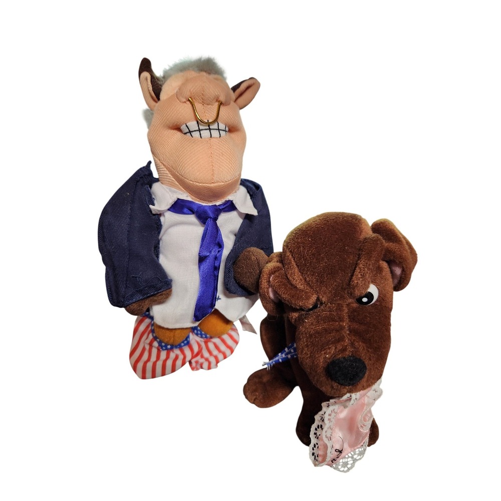 Vintage‎ Infamous Meanies Bill Clinton Bull and Dog Plush Set with Tags 90s Toy